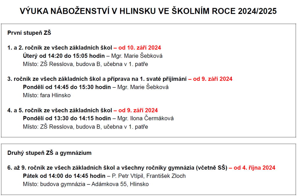 rozvrh náboženství aktualizace 4. října 2024