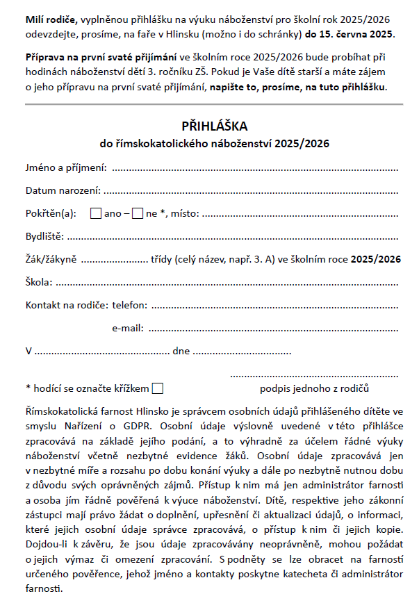 přihláška náboženství Hlinsko 2025/2026