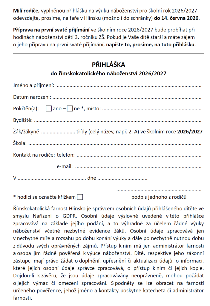 přihláška na náboženství Hlinsko 2026/2027