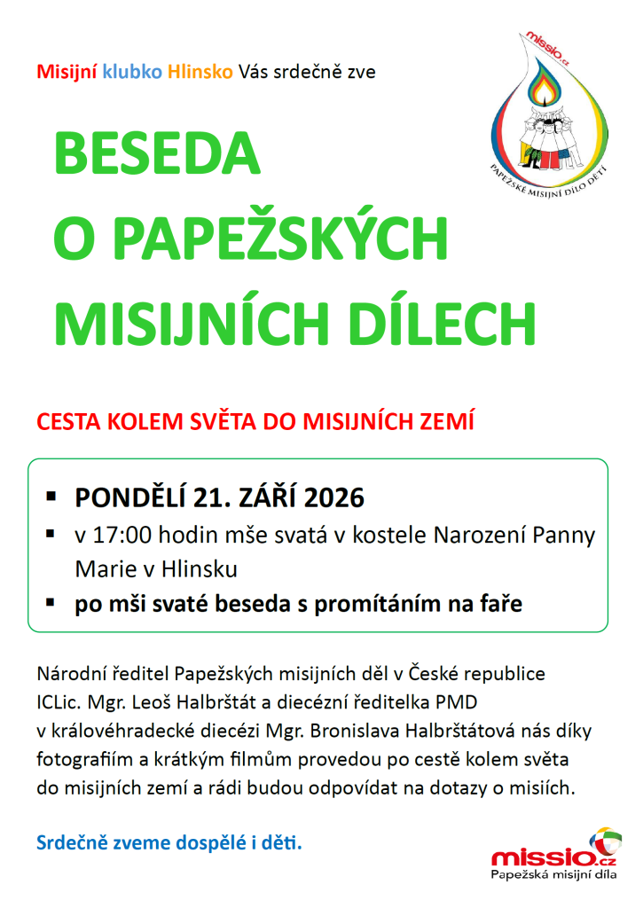 Beseda o Papežských misijních dílech Hlinsko 21. 9. 2026 – plakát